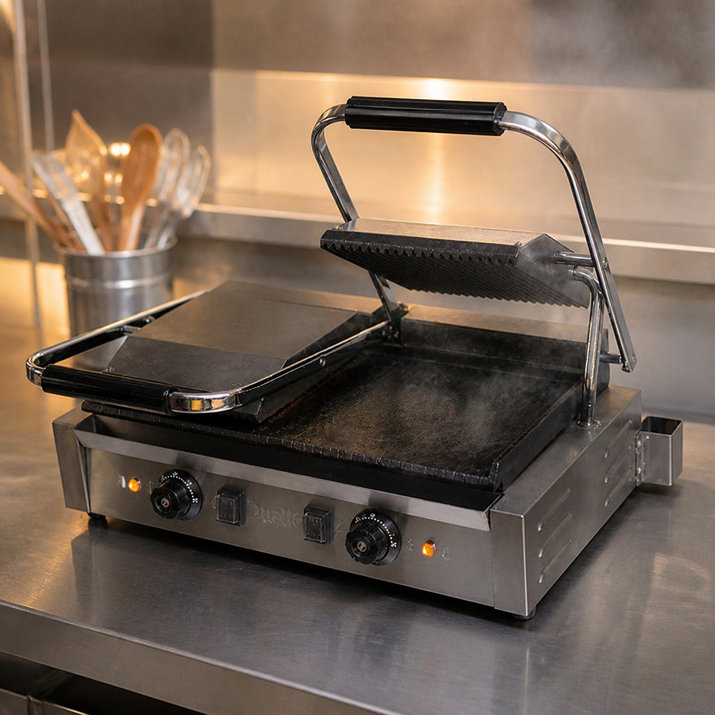 Commercial Double Panini Contact Grill for four paninis