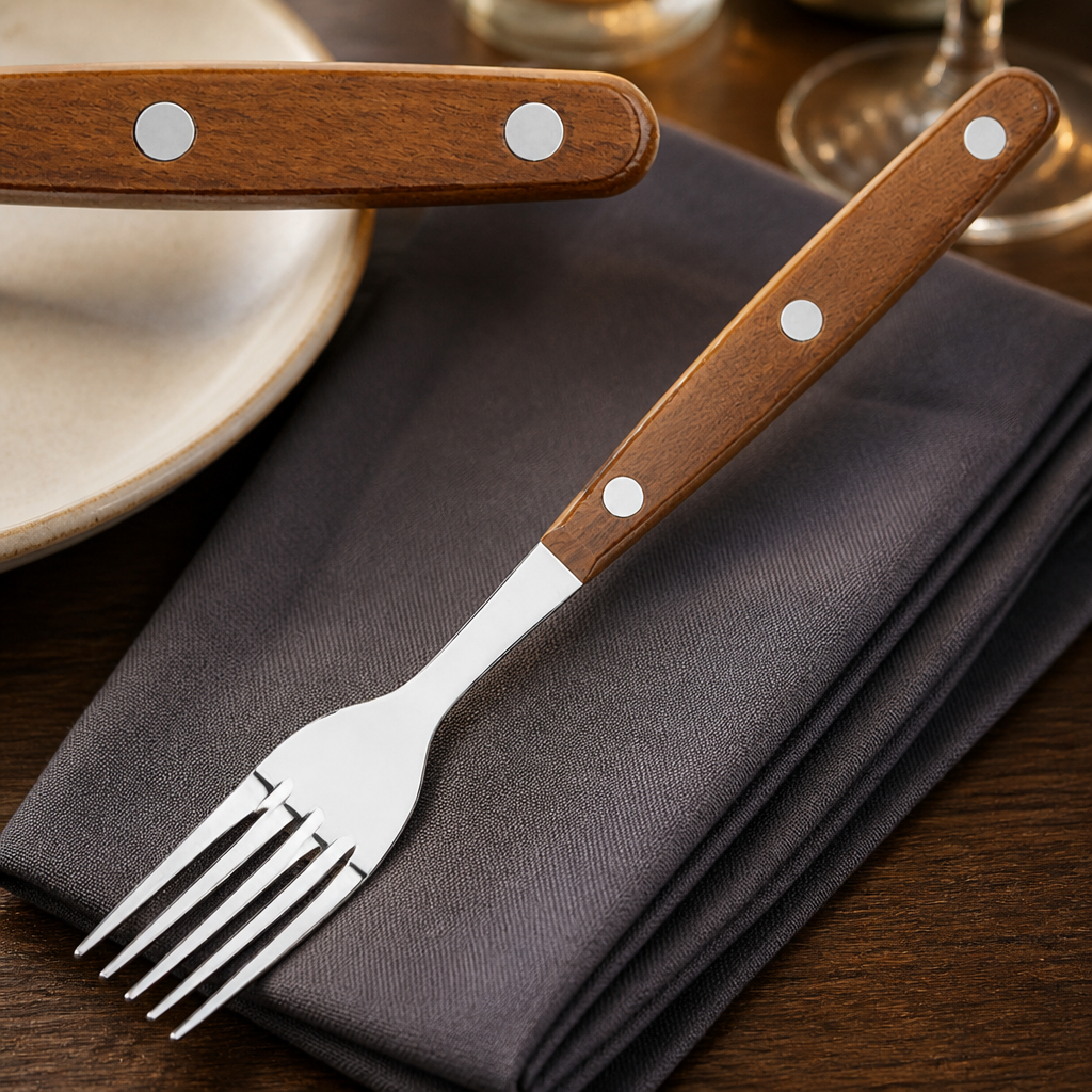 Set of 12 commercial steak forks with wood effect handles
