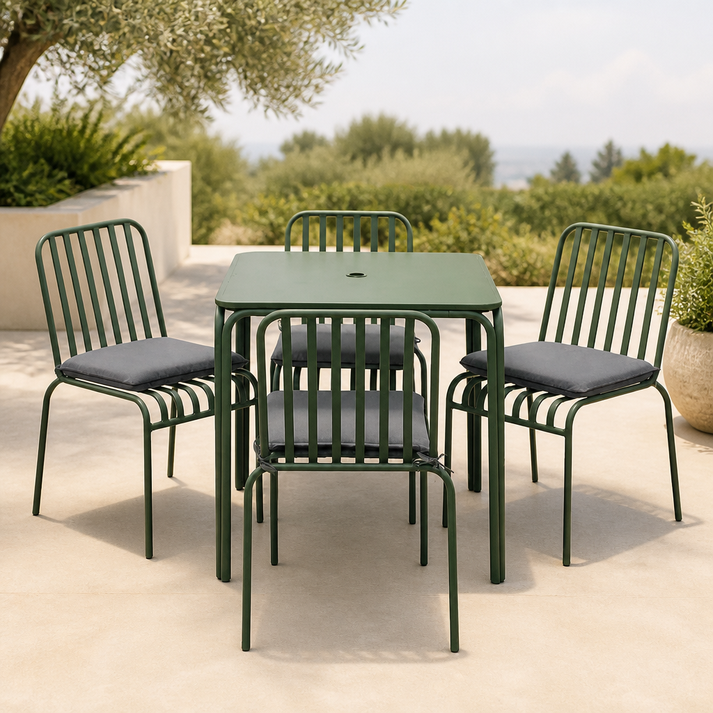 Commercial Outdoor Dining Set - Square Table & 4 Stackable Chairs