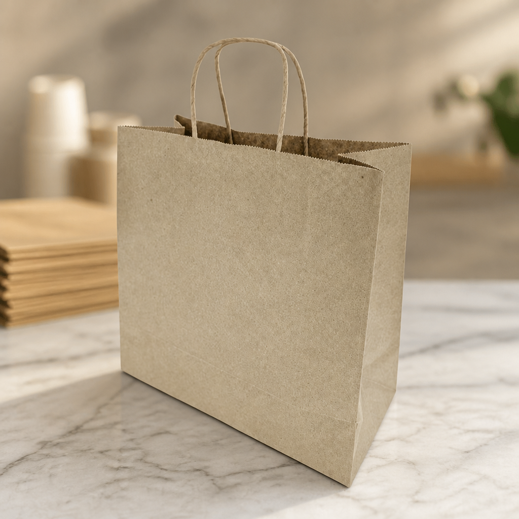 Medium recyclable brown paper bags with twist handles, 250 pack