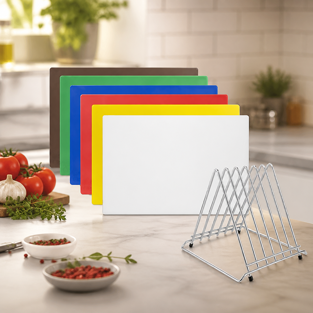 6-piece commercial chopping board set with rack, 455x305mm
