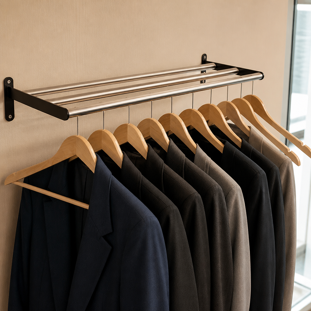 Commercial wall-mounted coat rack with 10 wooden hangers