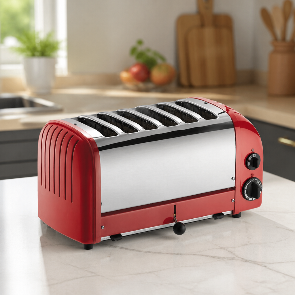 Red commercial 6 slice vario toaster with extra wide slots