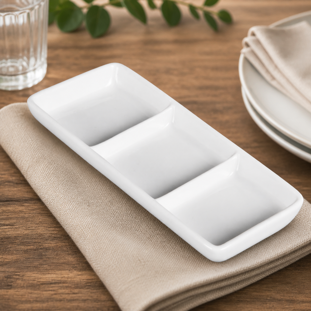 Commercial 3 Section Tapas Dishes - Vitrified Porcelain 12 Pack