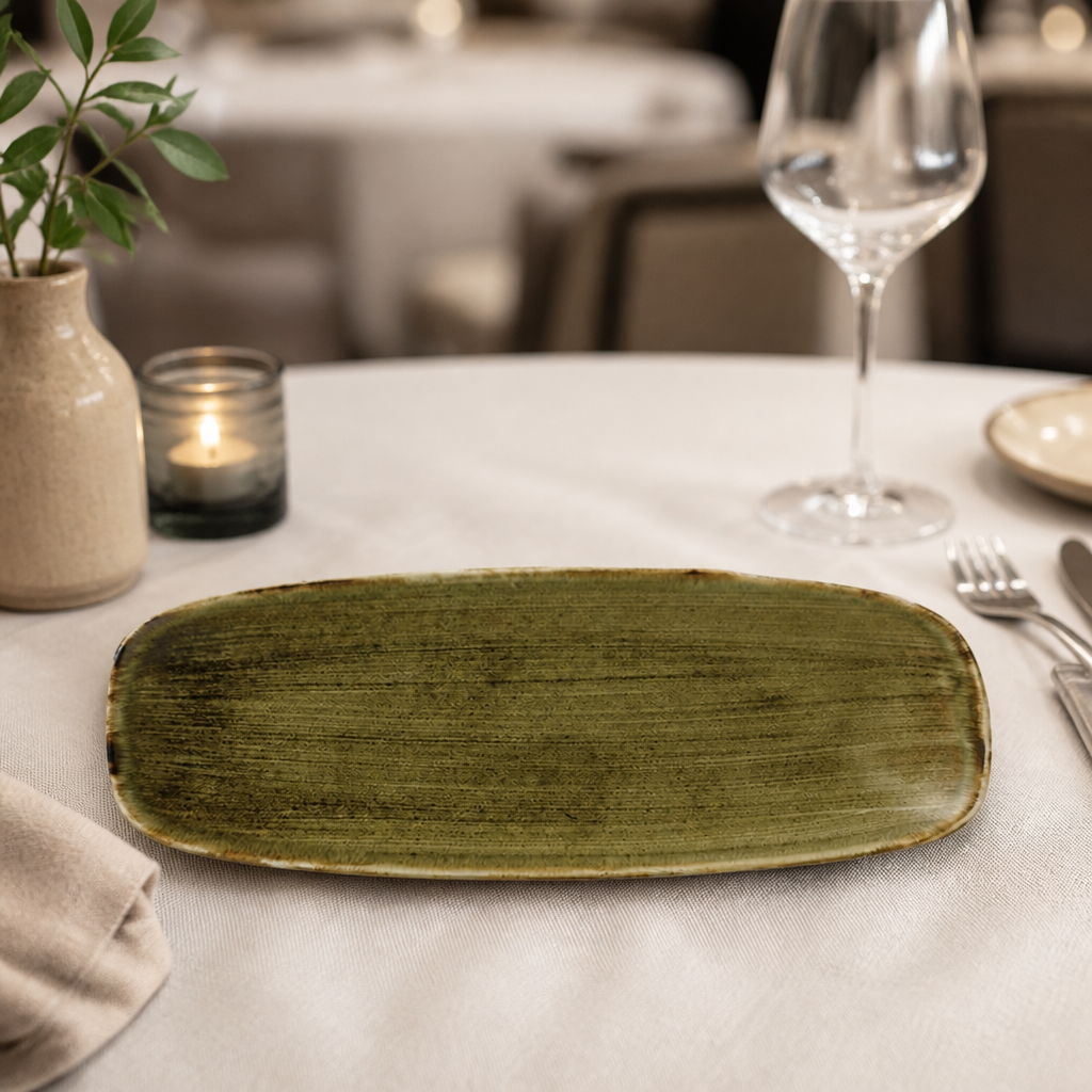 Commercial oblong plates 13.875 x 7.375 inches in olive, 6 pack