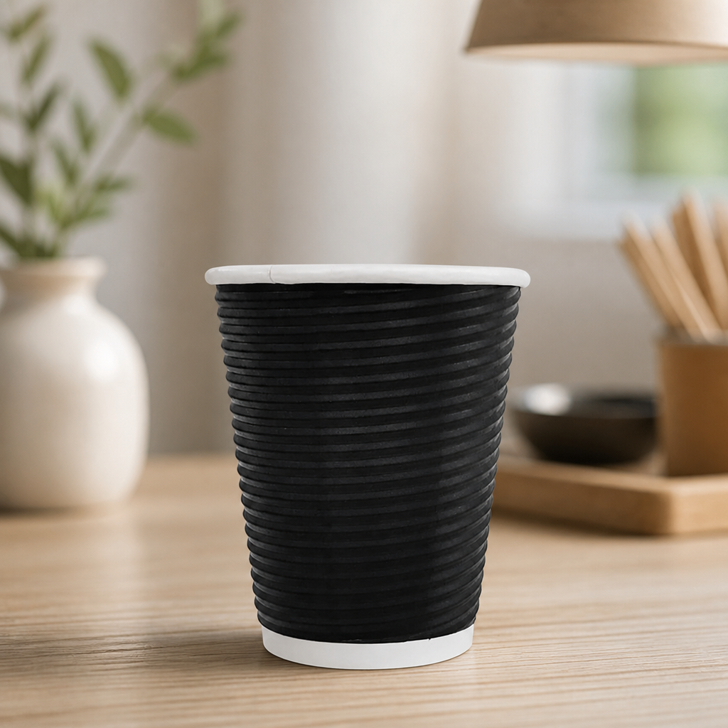 Commercial Disposable Coffee Cups 225ml 8oz Ripple Wall Black