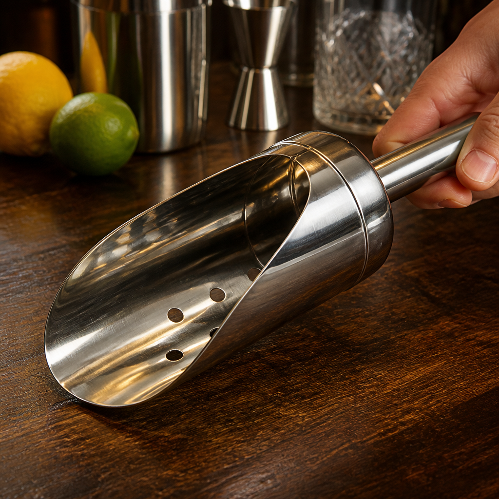 Small stainless steel commercial ice scoop with perforations