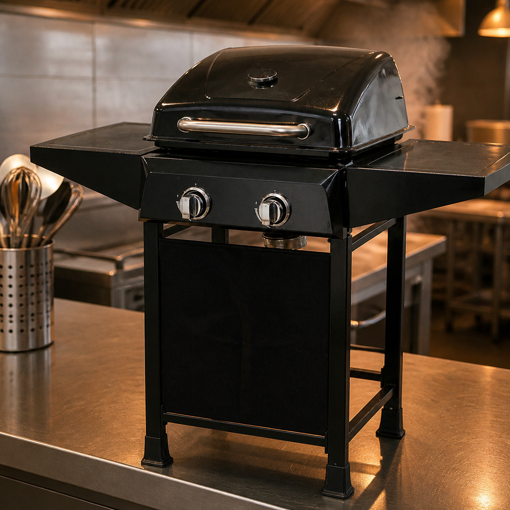 Commercial Gas Grill BBQ 8.7kW with integrated lid and shelves