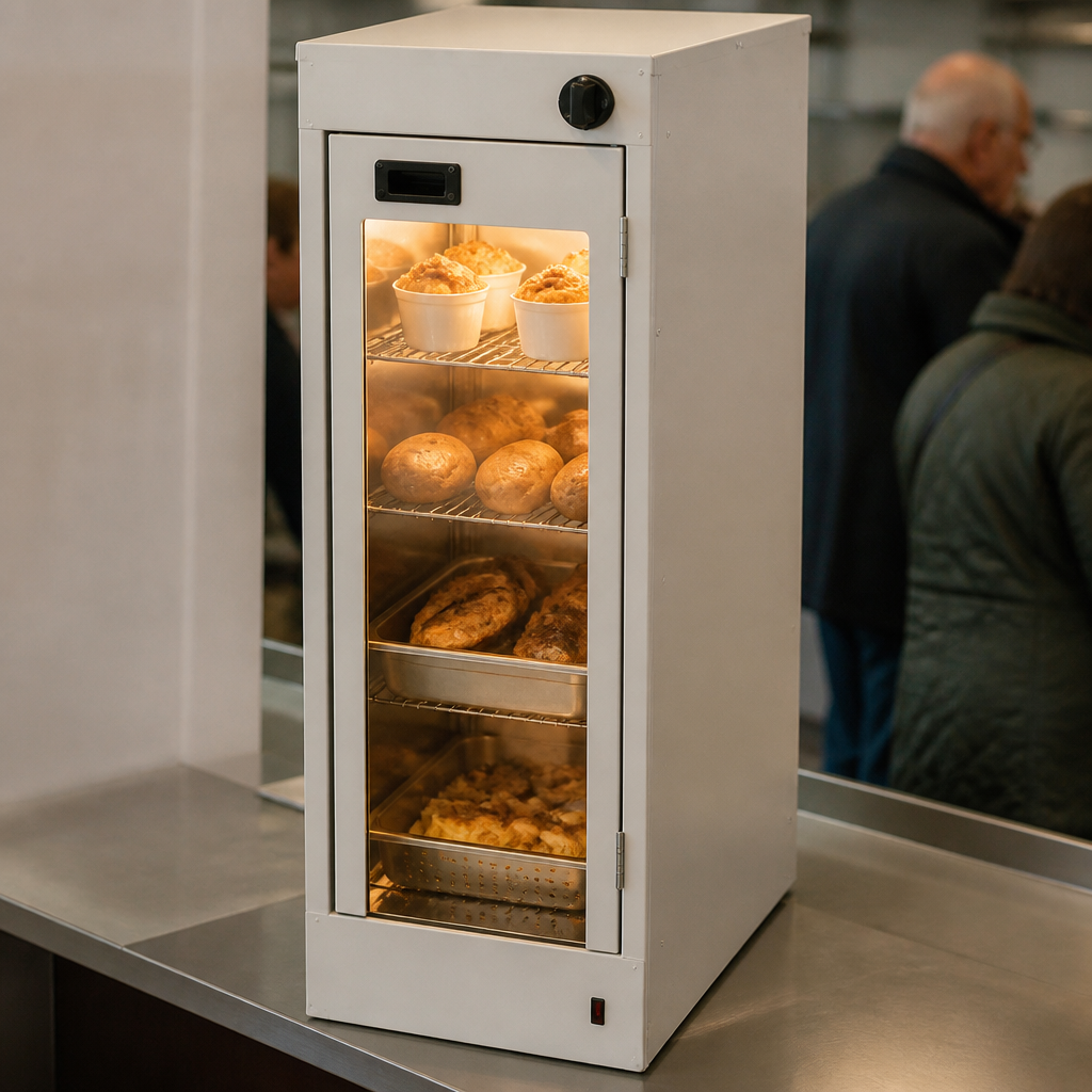 Commercial hot cupboard with adjustable shelves for heated storage