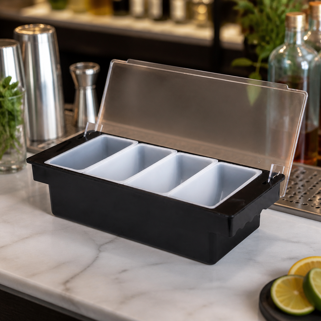 Commercial 4 Compartment Condiment Holder with Clear Lid