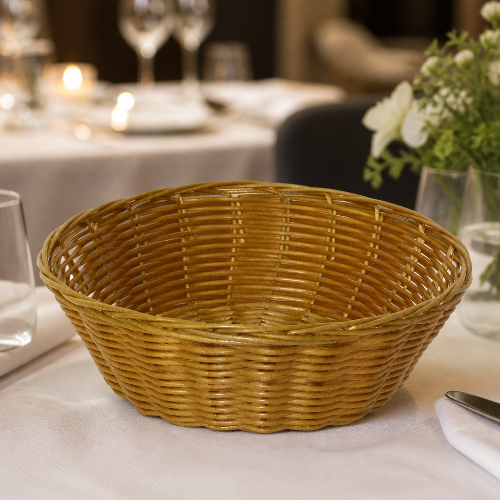 6 pack of commercial poly wicker round food baskets for serving