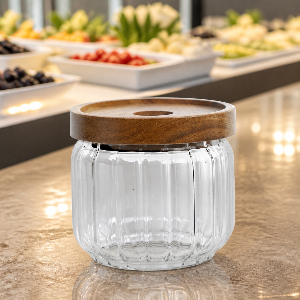 Commercial Condiment Jars with Wooden Lids 390ml 24 Pack