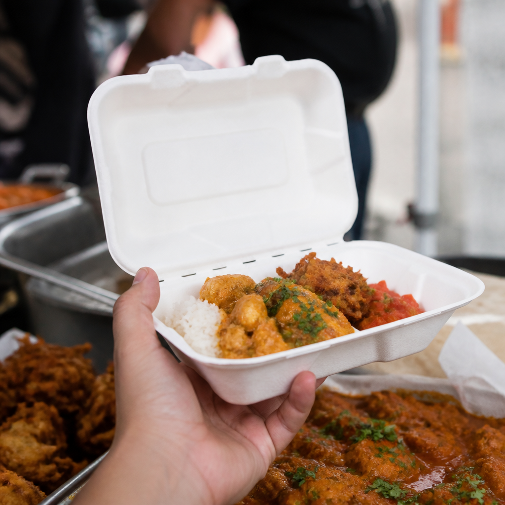 Pack of 50 Commercial Bagasse Clamshell Hinged Meal Boxes
