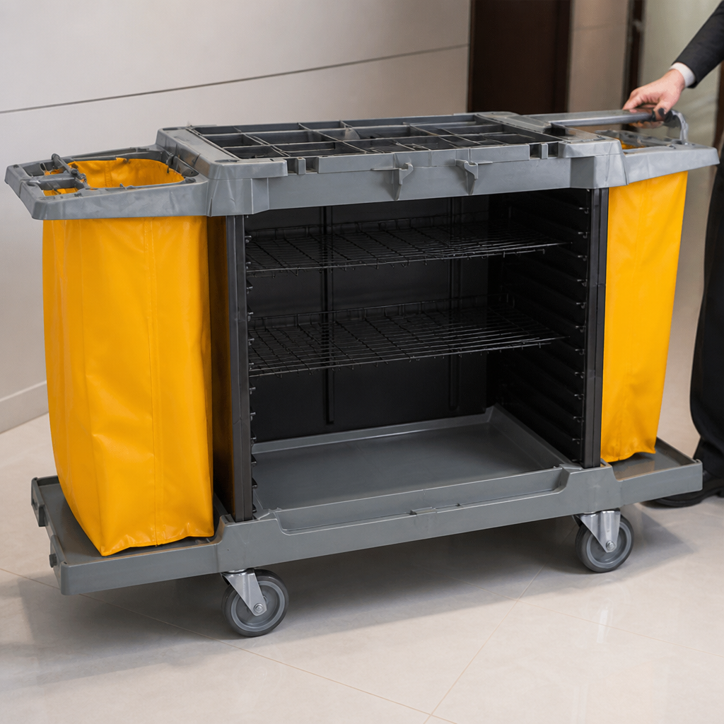 Commercial housekeeping trolley with adjustable shelves and bags