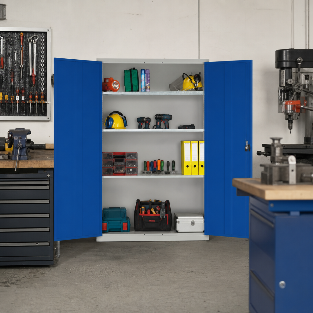 Extra Wide Lockable Steel Cupboard with 3 Shelves
