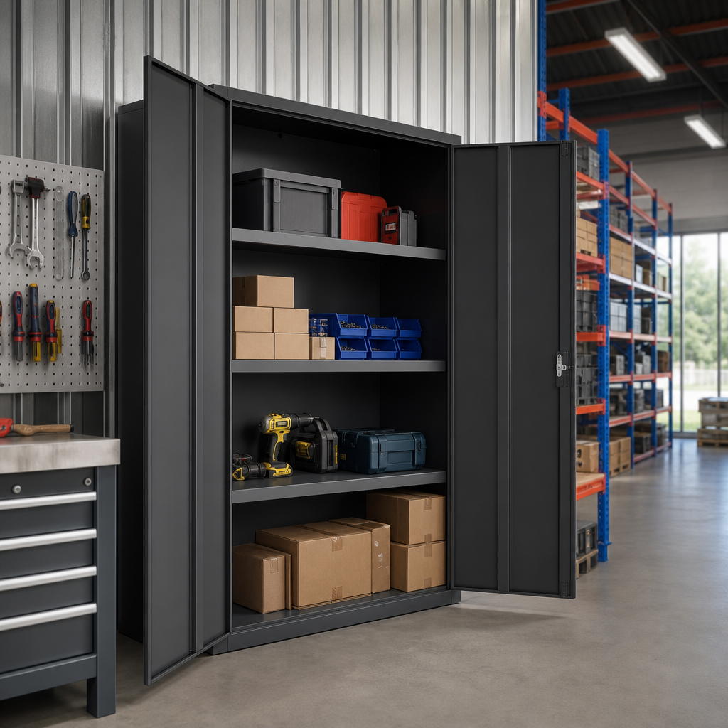 Extra Wide Lockable Steel Cupboard with 3 Shelves