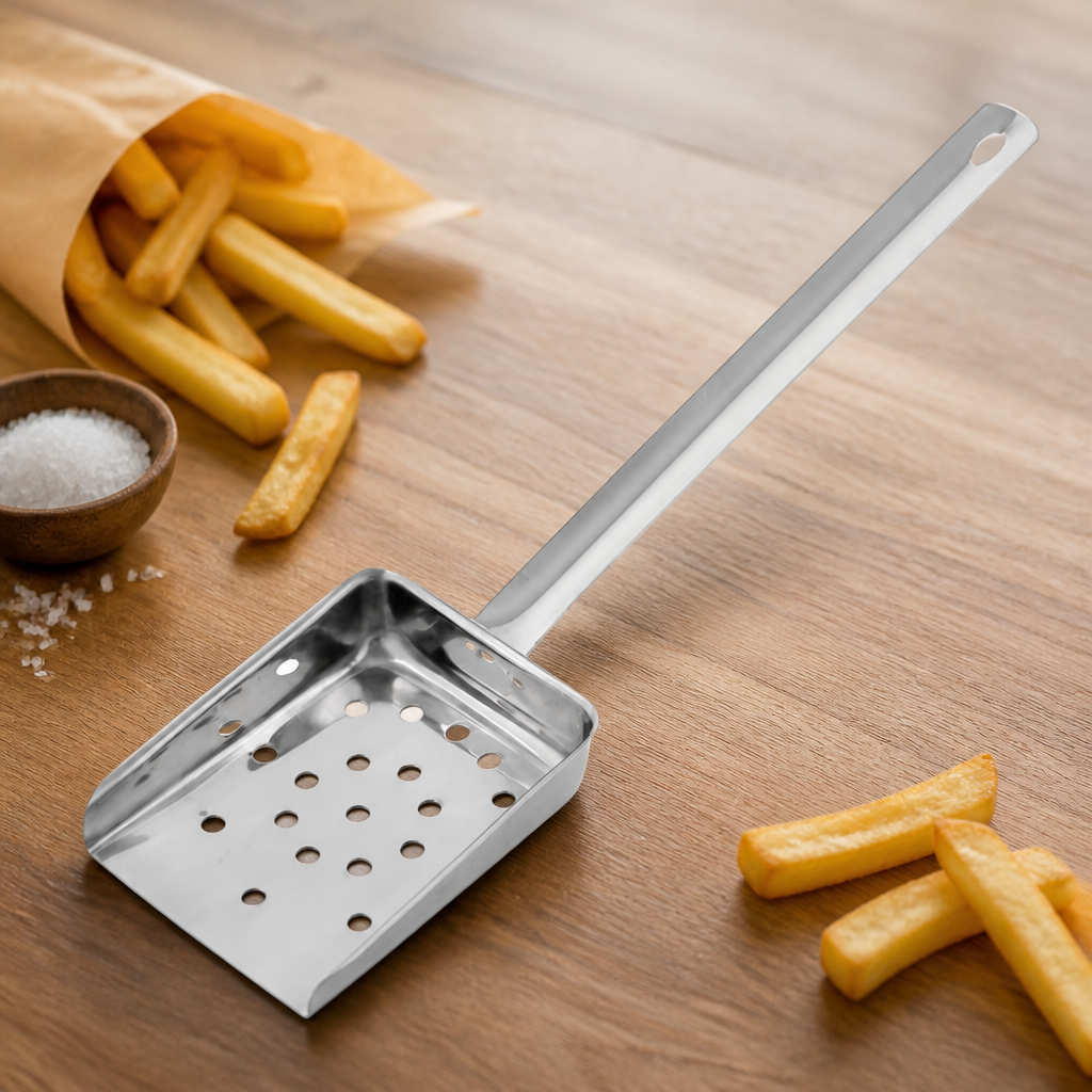 Commercial Flat Handled Chip Scoop - Stainless Steel 10 Inch