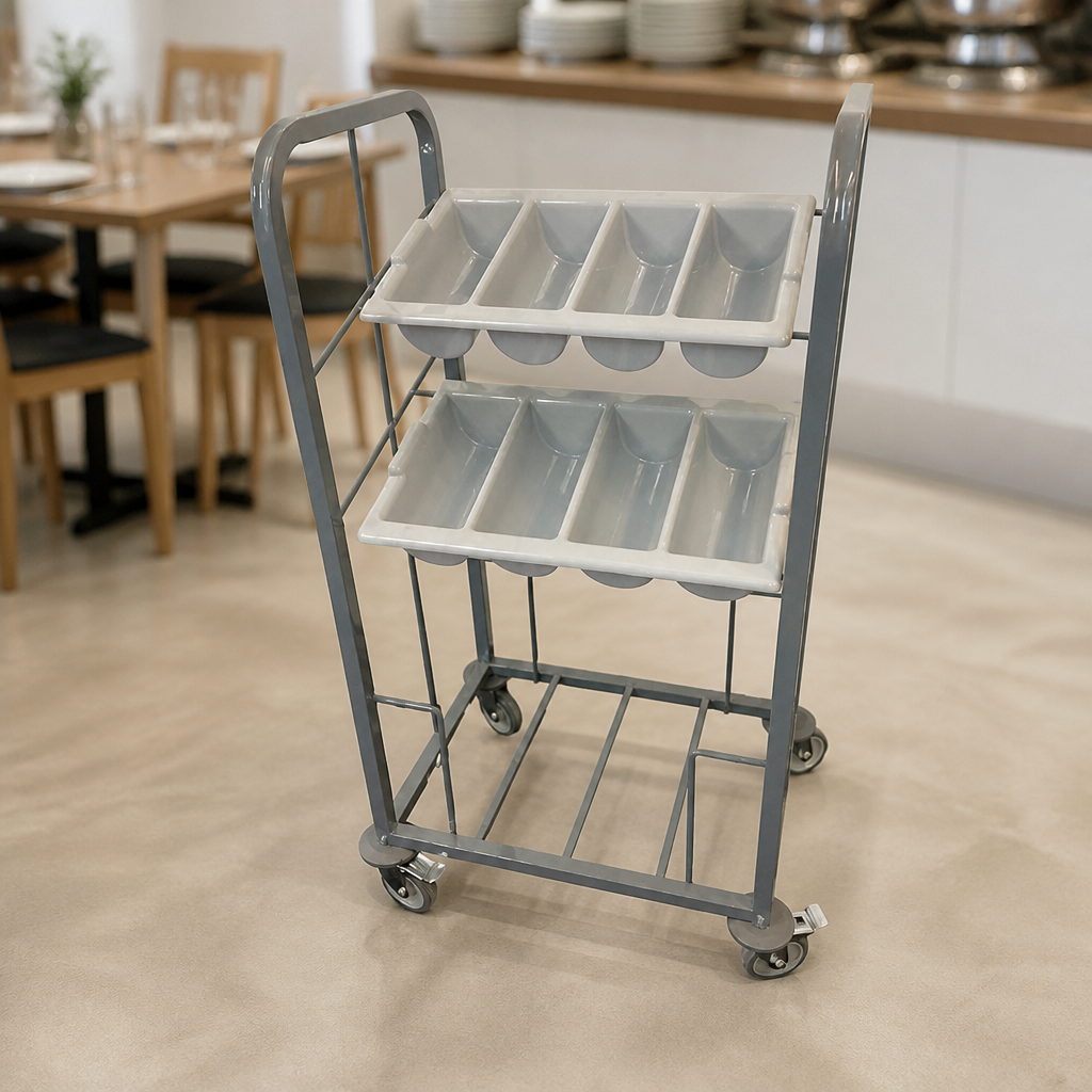Commercial Two Tier Cutlery and Tray Dispense Trolley 100 Tray Capacity