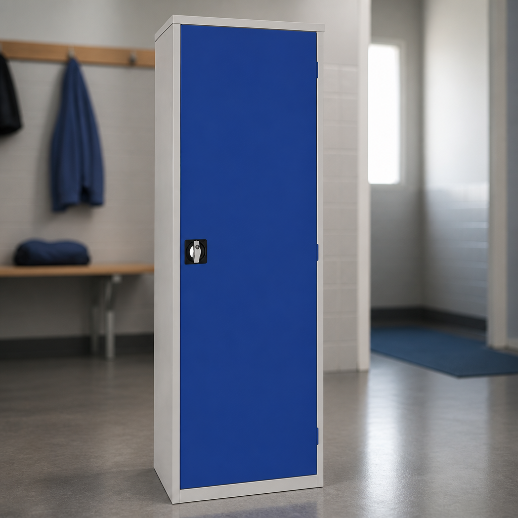 Commercial lockable cupboard with 3 adjustable shelves in blue