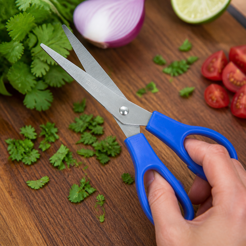 Blue colour coded commercial kitchen scissors for raw fish