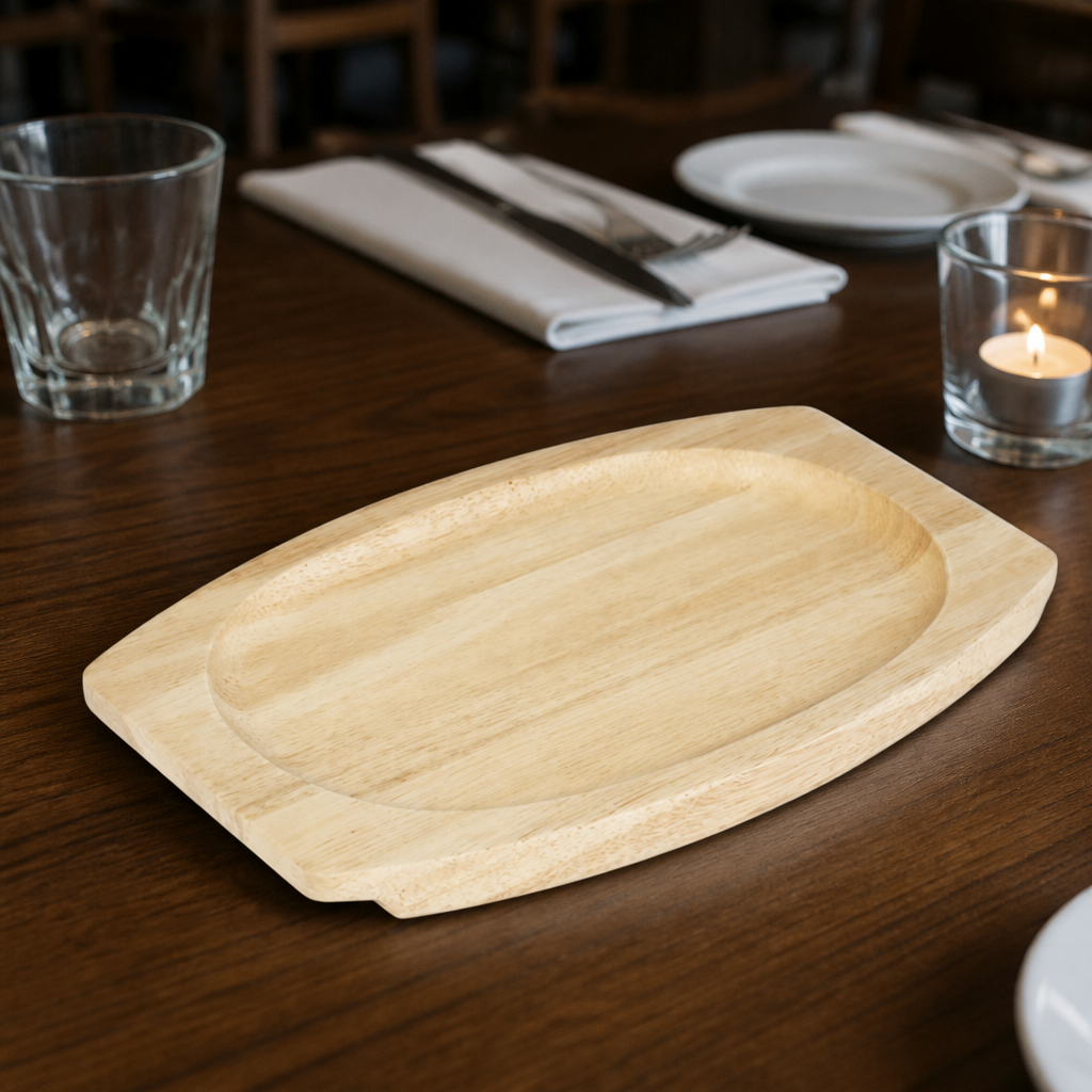 Commercial Cast Iron Oval Sizzler 335x205mm with Wooden Trivet