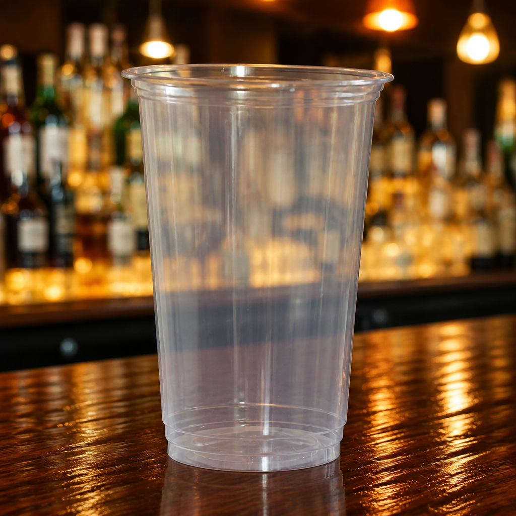 Commercial 570ml clear rPET pint glasses in a 1000 pack
