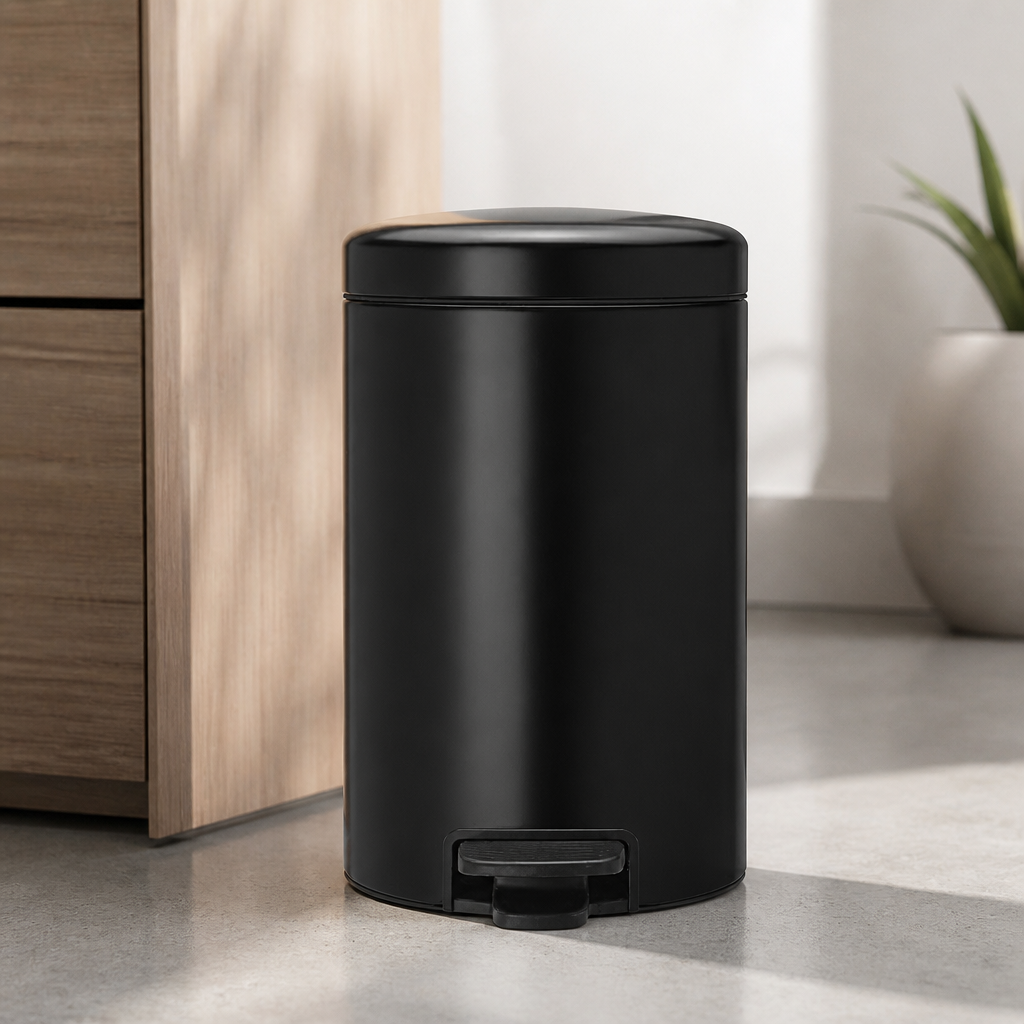 12L Matt Black Pedal Bin for Office, Bathroom and Bedroom