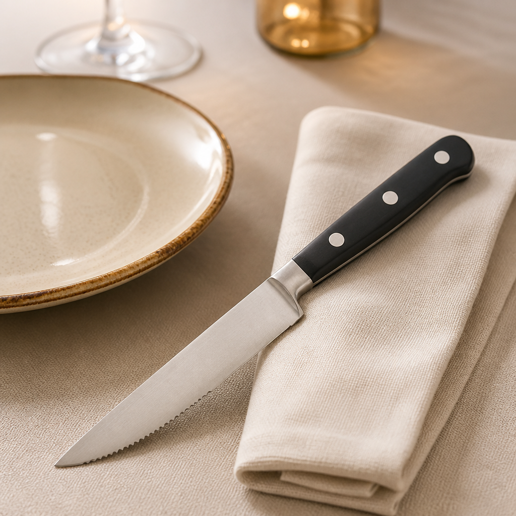 Commercial steak knives with black handles, 258mm, pack of 6