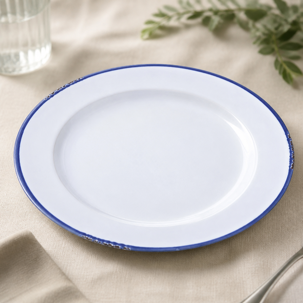Commercial Dinner Plates 260mm Blue Rim Enamel Look 6 Pack