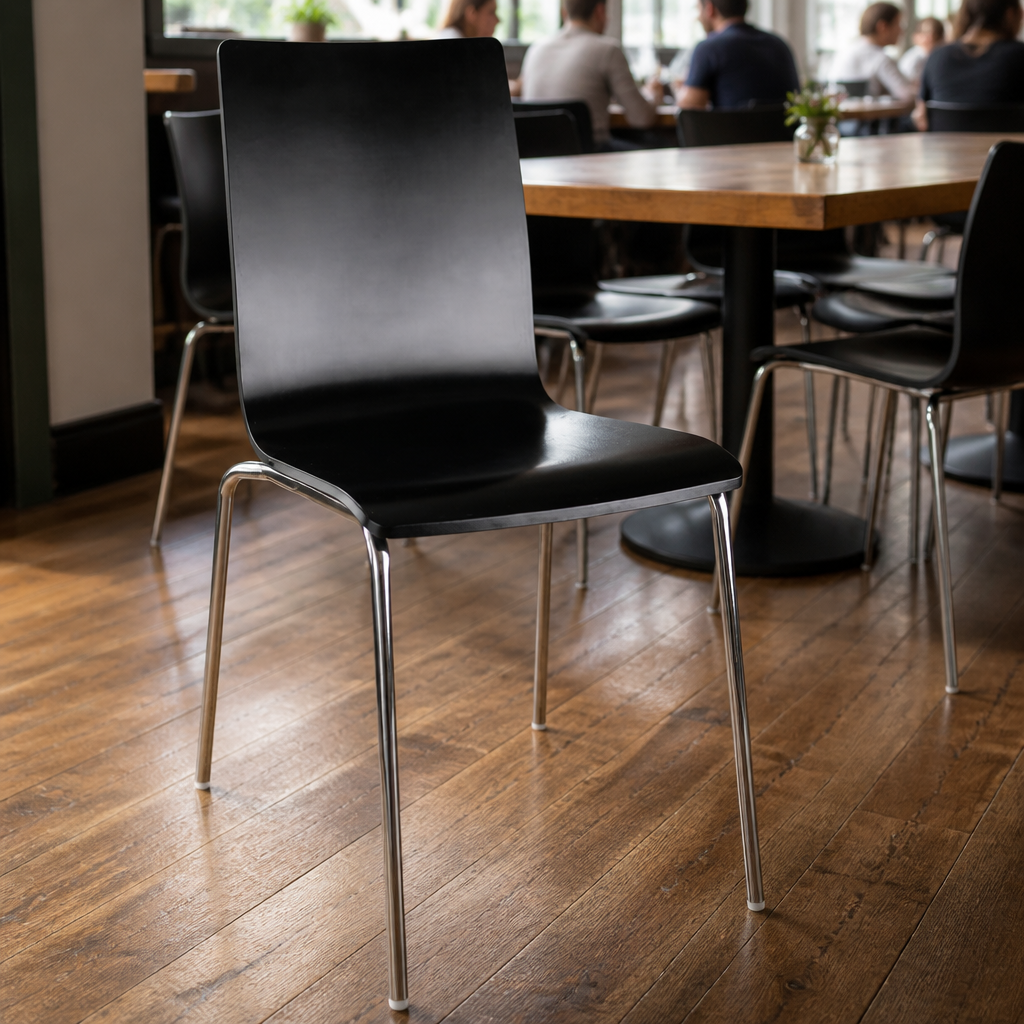 Pack of four black commercial side chairs for cafes and restaurants