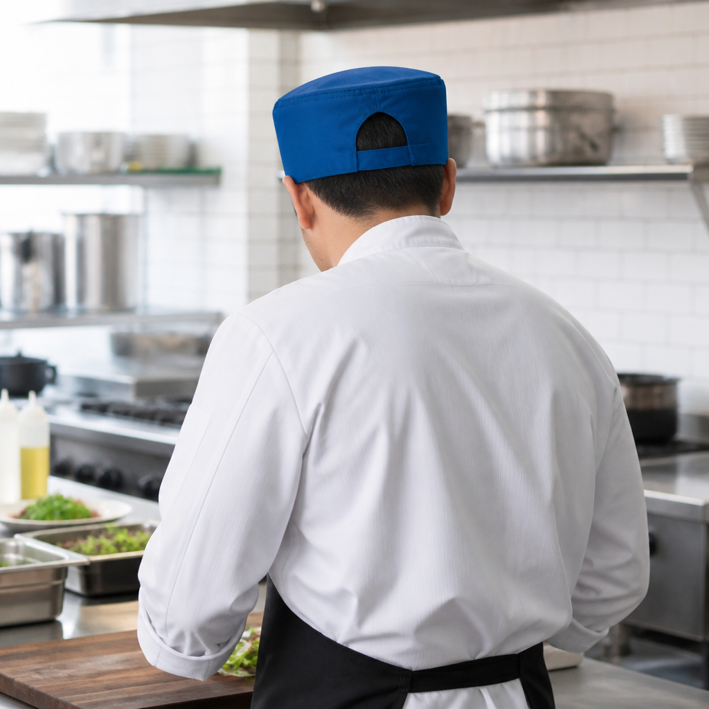 Lightweight blue beanie with cool vent for commercial kitchens