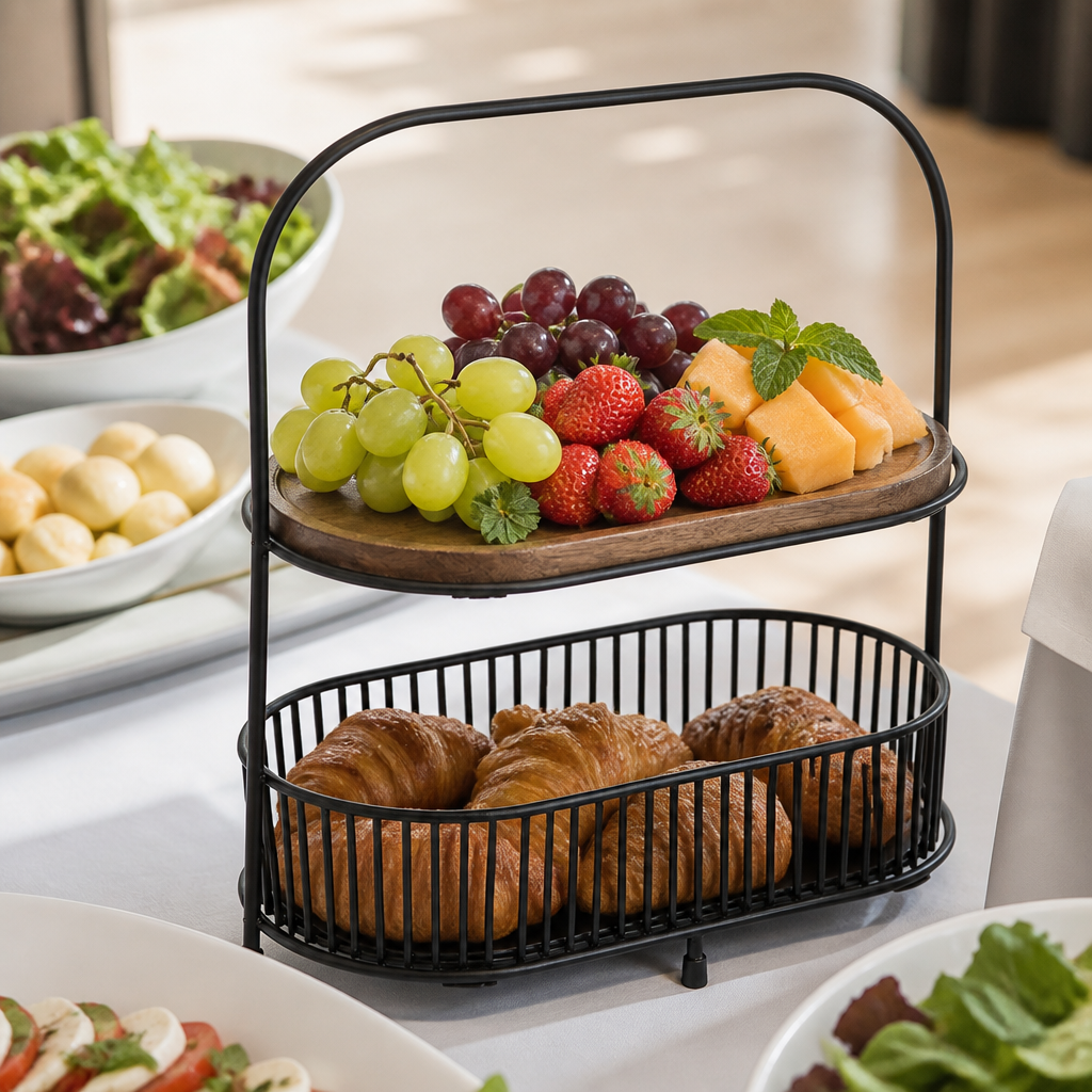 Two-Tier Commercial Food Stand with Metal Baskets and Wood Boards