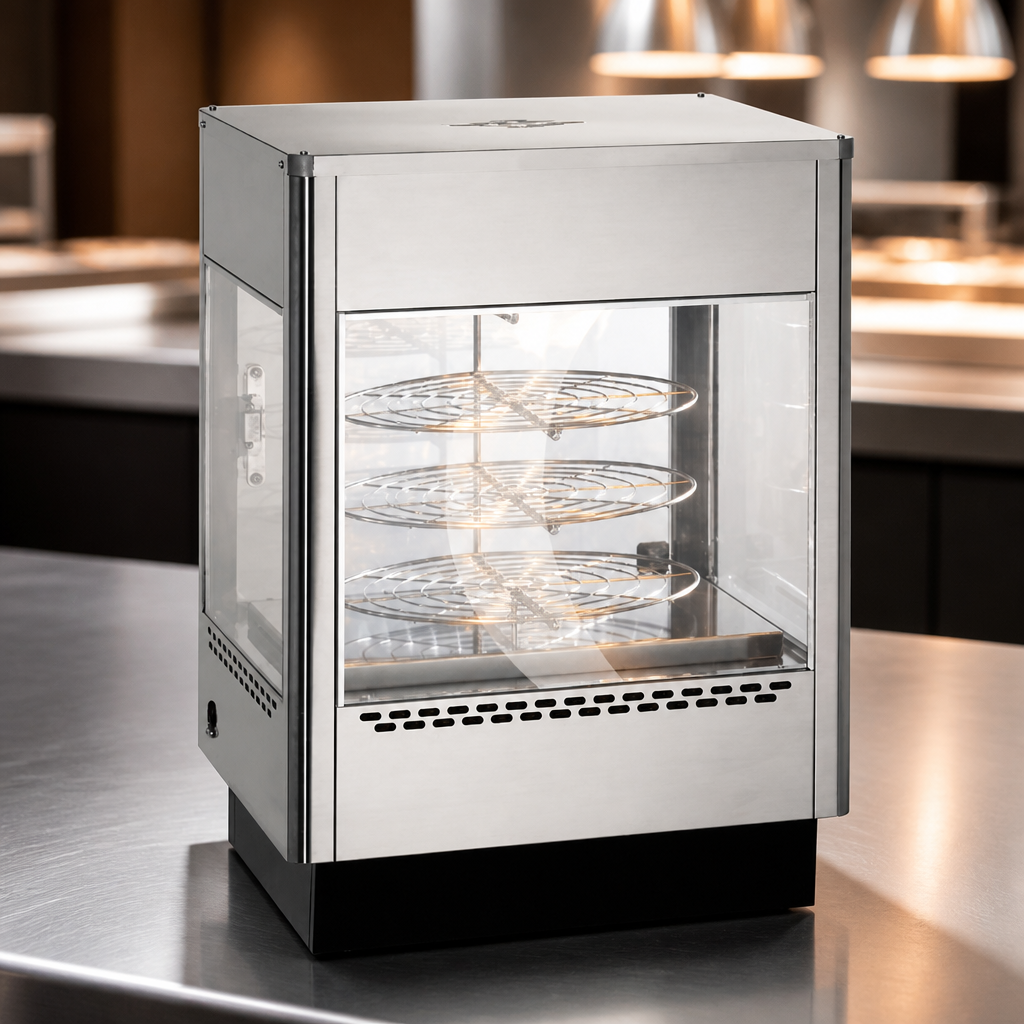 Commercial Pizza Warmer with Rotating Rack and Stainless Steel Finish