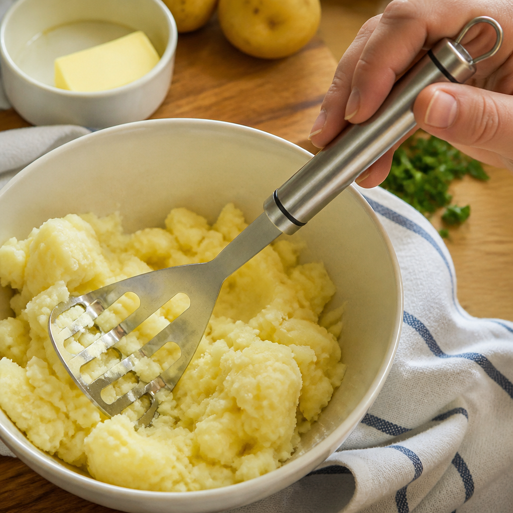 Commercial potato masher with stainless steel ergonomic handle