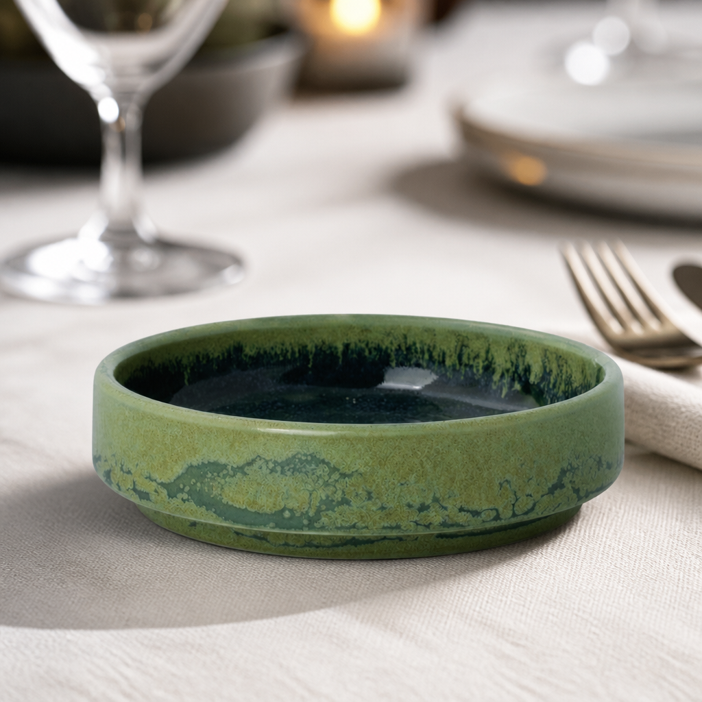 Commercial round stacking trays 100mm in burnt emerald, 12 pack