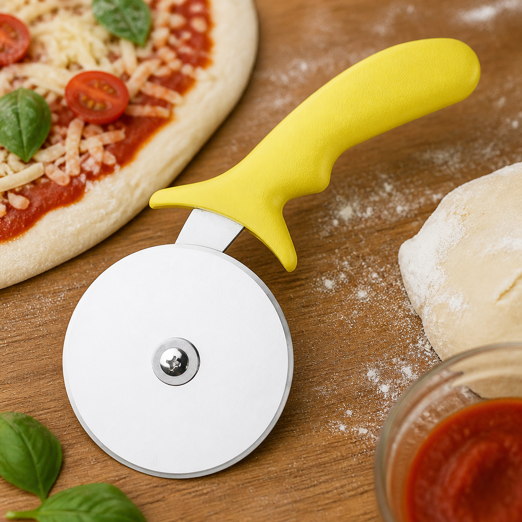 Commercial 4 inch pizza cutter with ergonomic yellow handle