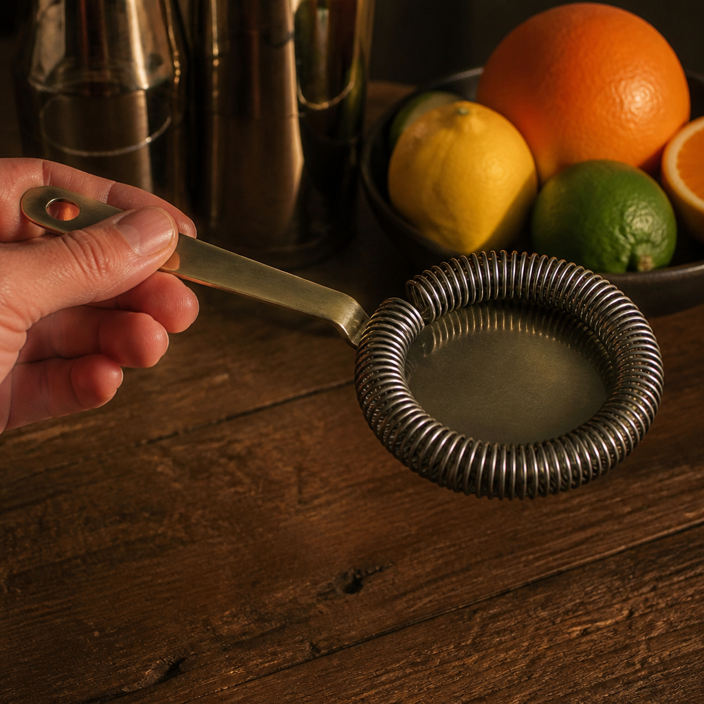 Commercial cocktail strainer in antique brass finish