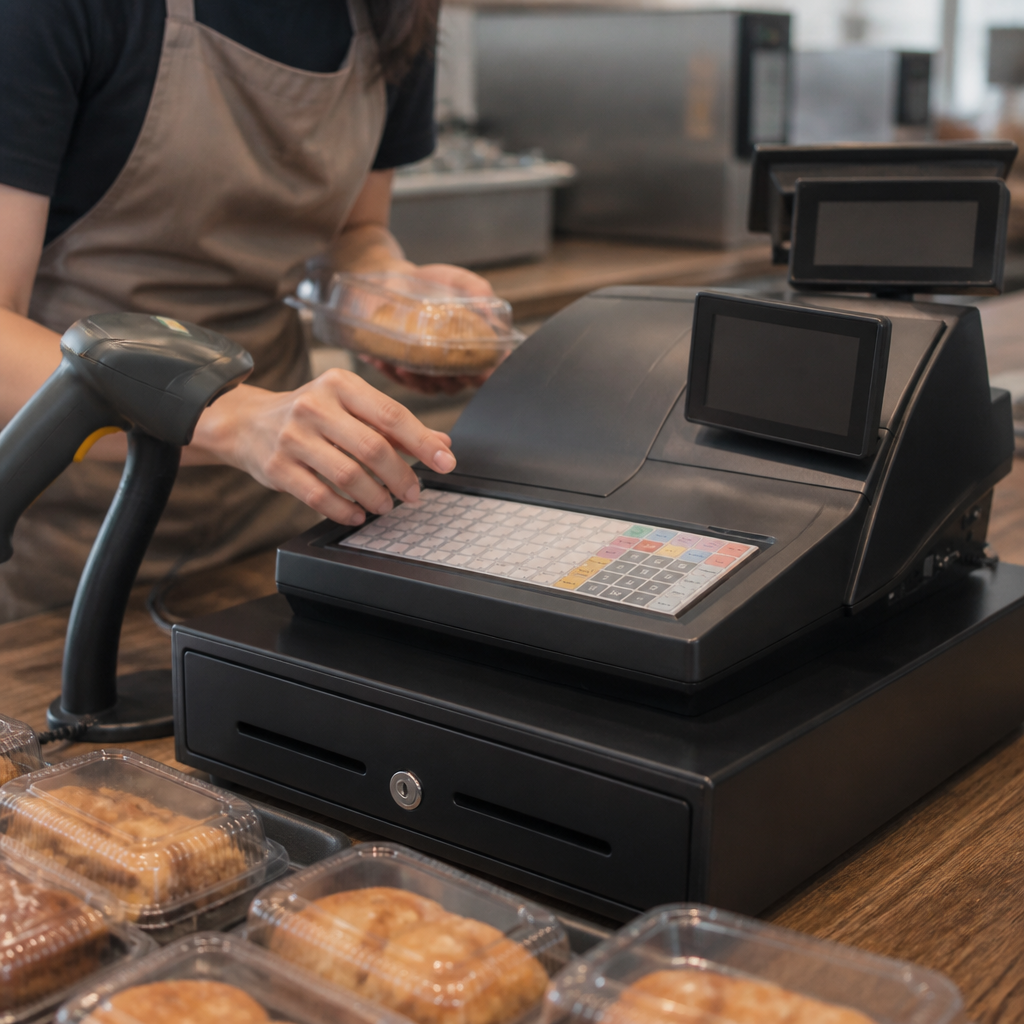 Commercial cash register 366mm high with barcode scanner compatibility