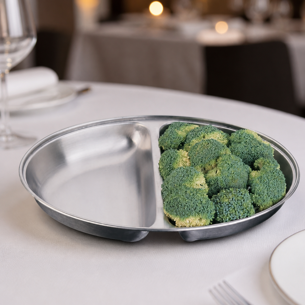 Commercial oval vegetable dish with two compartments 254x180mm