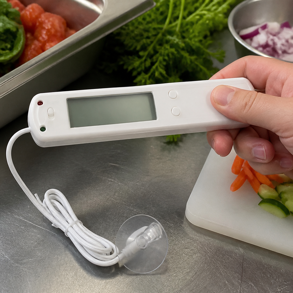 Commercial fridge freezer thermometer with alarm and probe cable