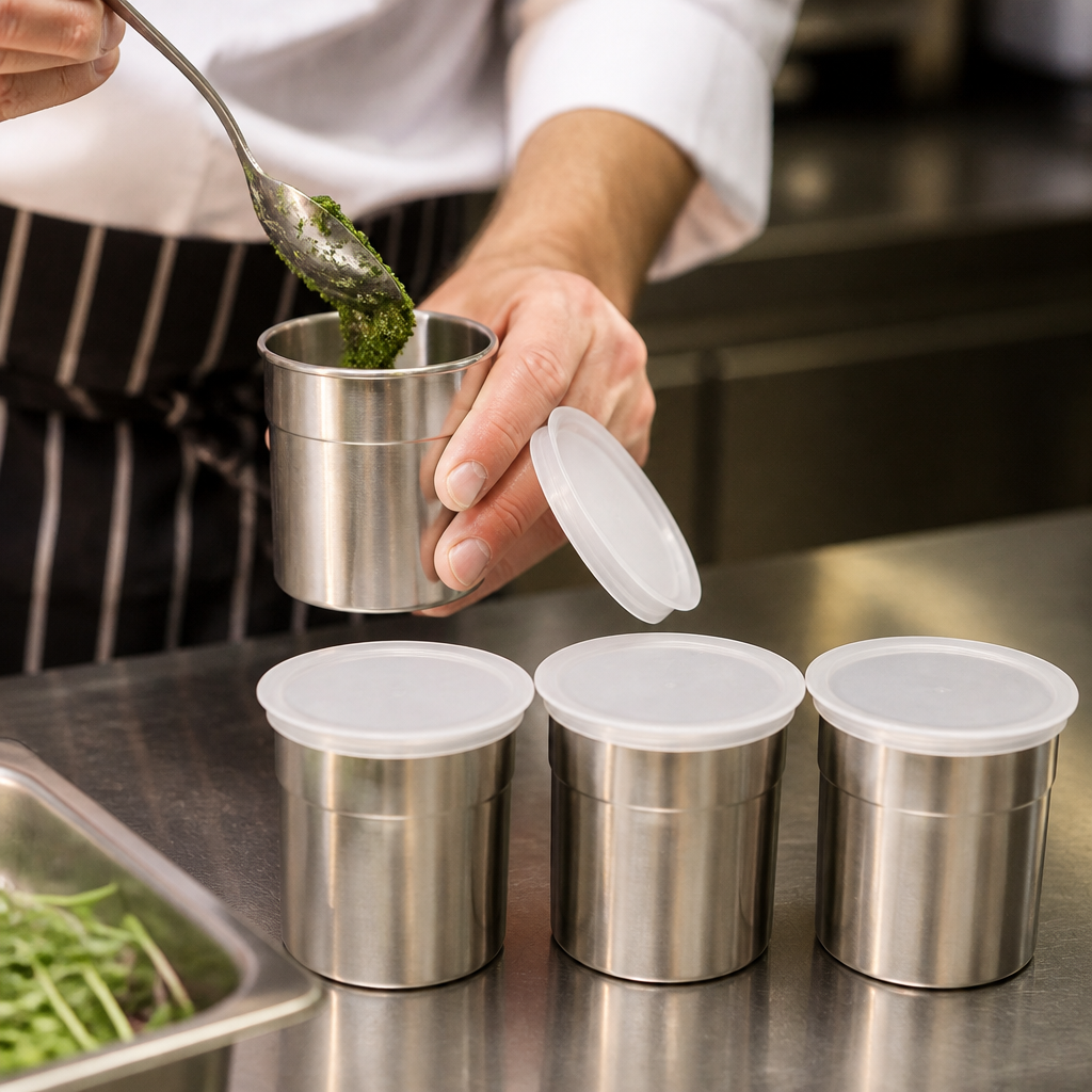 Set of 4 stainless steel beakers for food preparation
