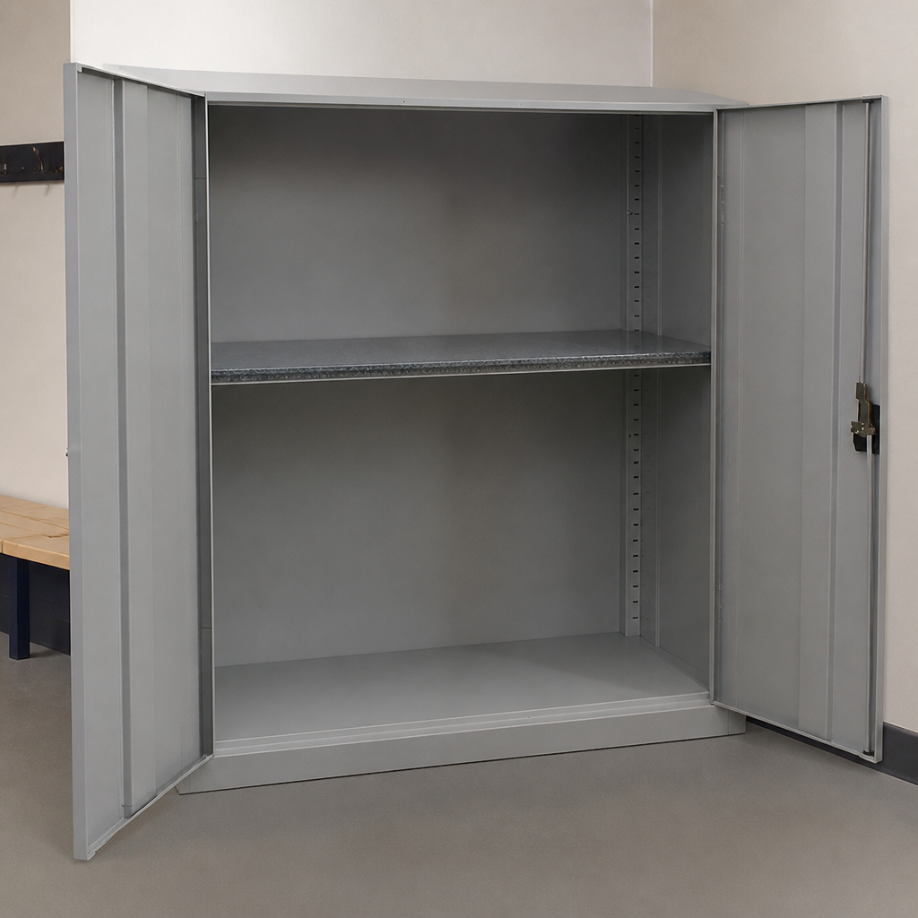 Commercial lockable cupboard with one shelf, 1000mm high, grey