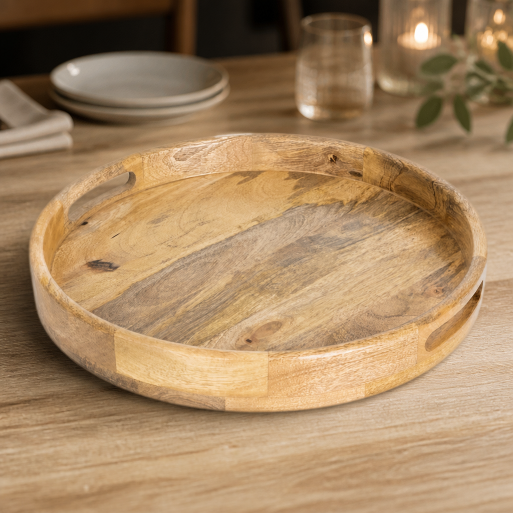 Mango Wood Round Deep Sided Serving Tray 400mm