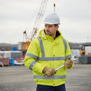 Premium High Visibility Bomber Jacket with Concealed Hood and Weatherproof Design for Enhanced Safety and Comfort