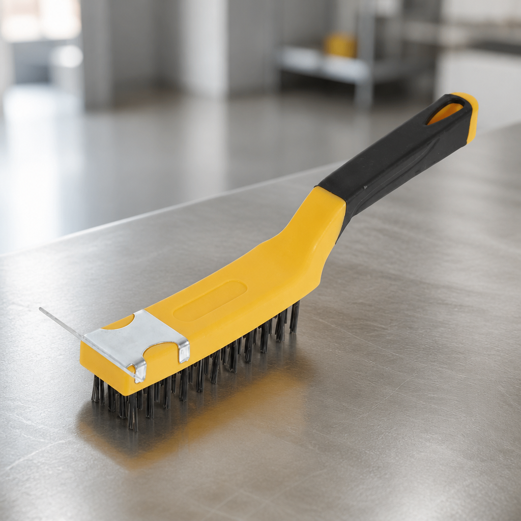 Ergonomic commercial grill brush with scraper for easy cleaning