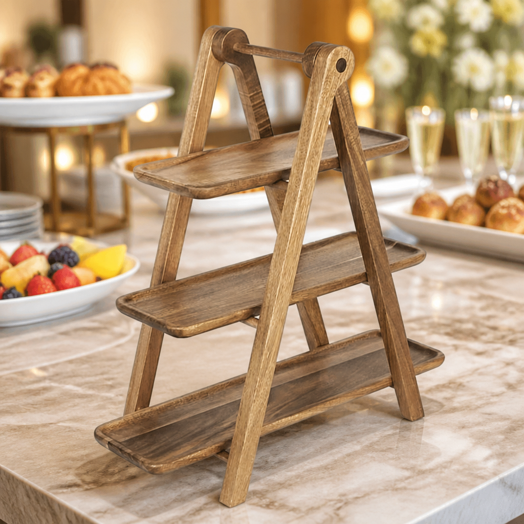 3-Tier Acacia Wood Display Stand for Catering Service