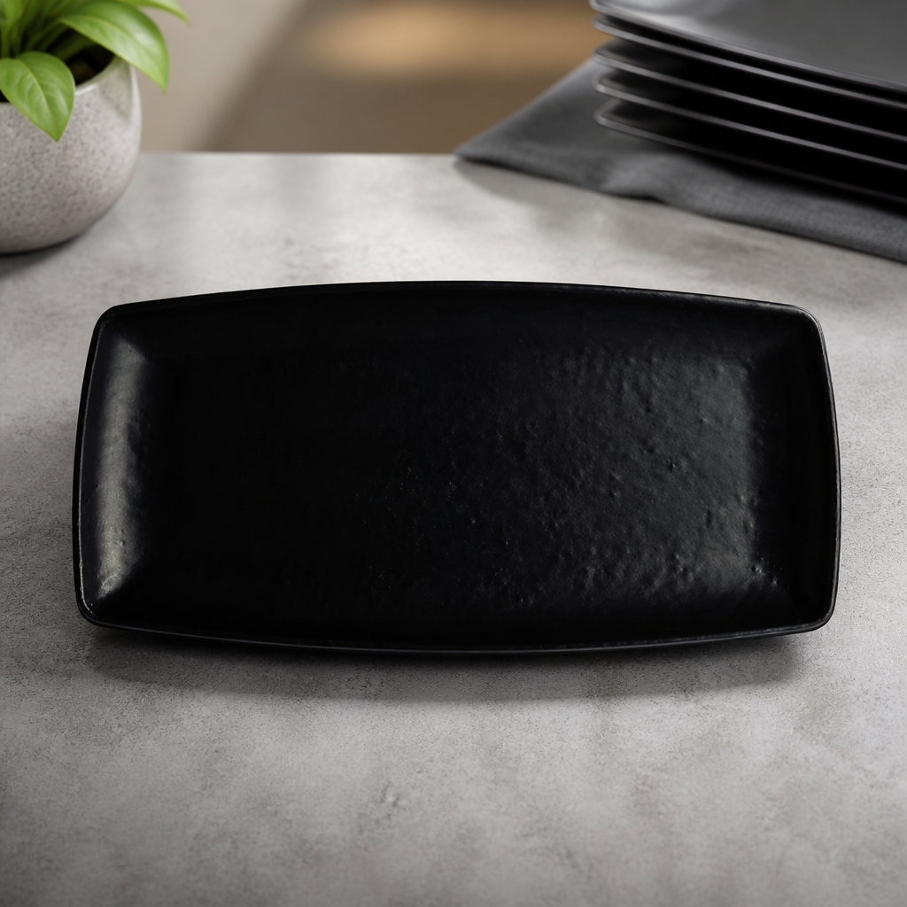 Commercial Melamine Rectangle Plates Black 292x140mm 12 Pack