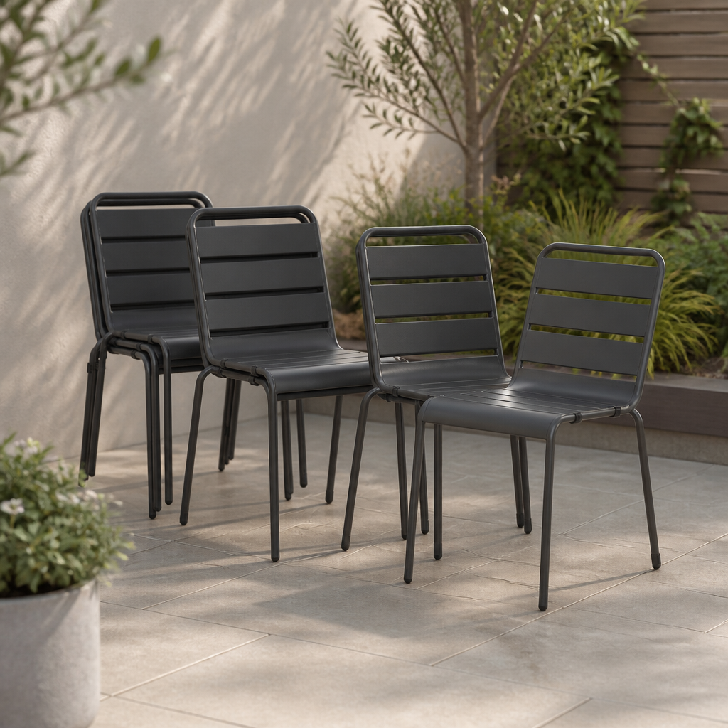 Commercial Outdoor Slatted Steel Side Chairs Grey 4 Pack