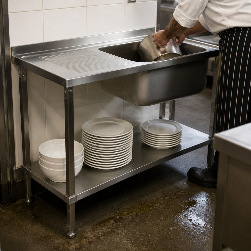Commercial stainless steel kitchen sink with left hand drainer 1500mm