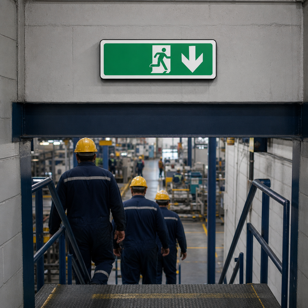 Fire Exit Arrow Down Safety Sign – Text and Pictogram
